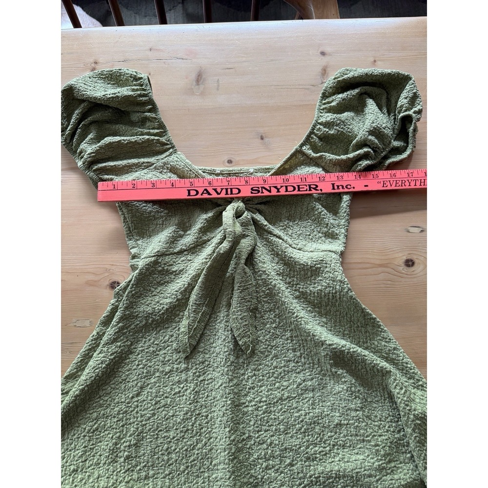 Women's Green Textured Square Neck Puff Sleeve Tie-Front Mini Dress M - Picture 3 of 4